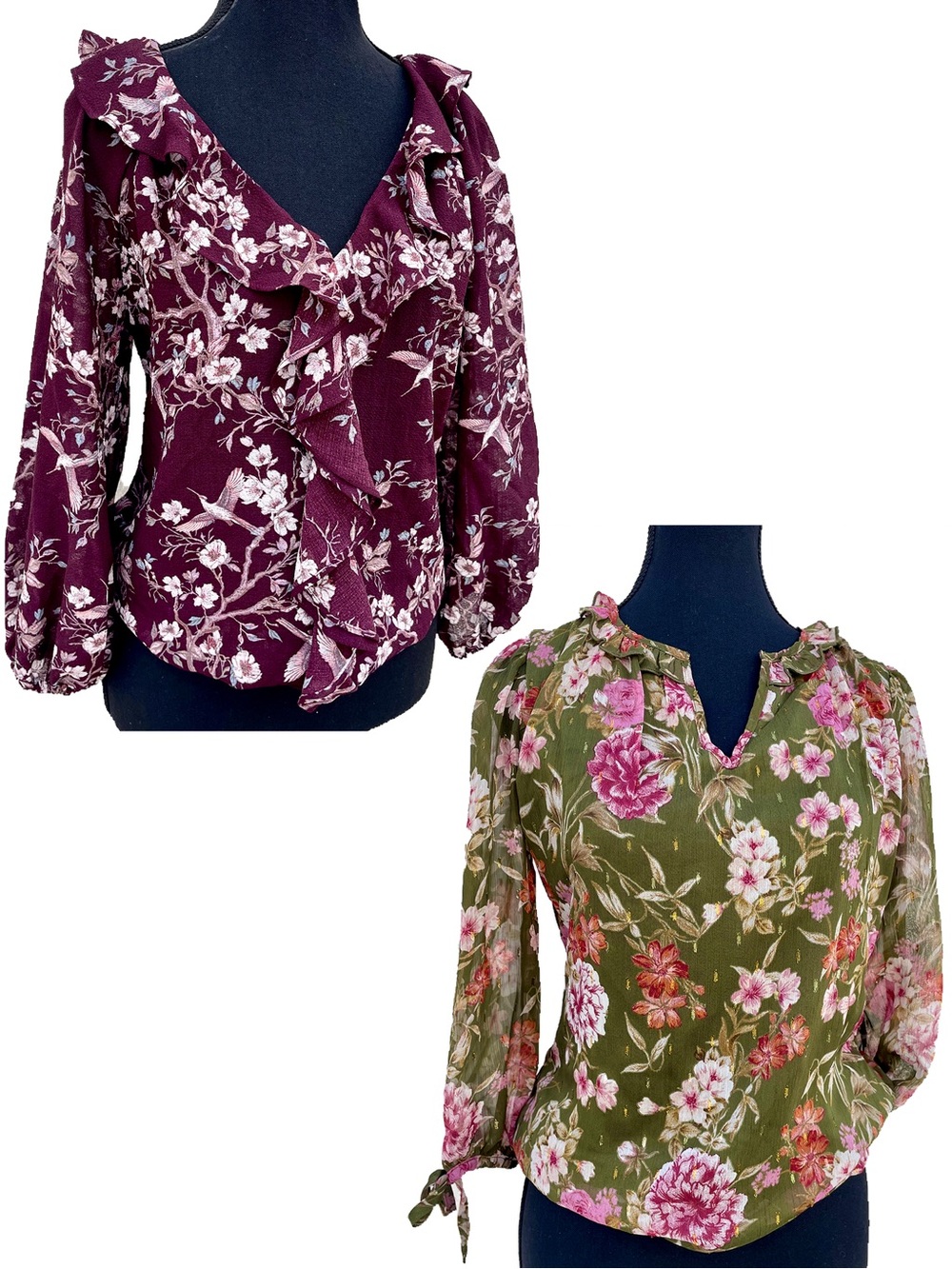 Bundle 2 XS Boho Peasant Tops with Ruffle Neck and Elastic Waist EUC